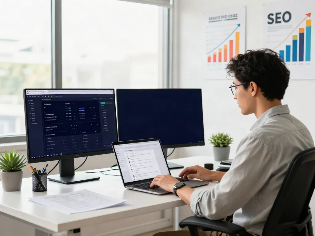 SEO specialist analyzing instant indexing data in a modern workspace.