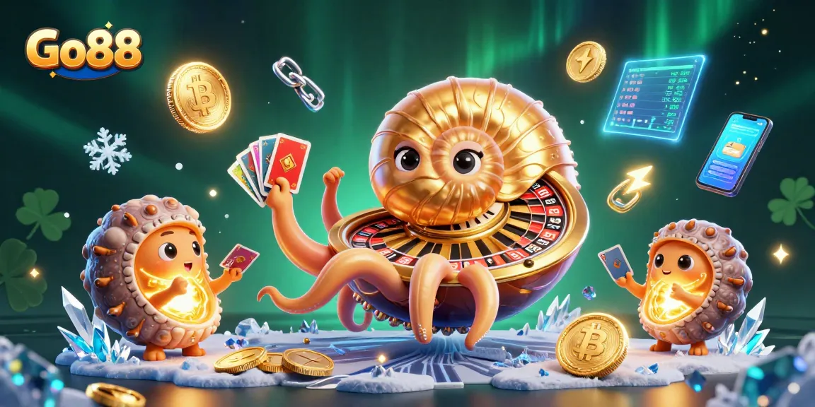 Experience the excitement of Go88 with this dynamic casino-themed illustration showcasing vibrant characters and crypto elements.