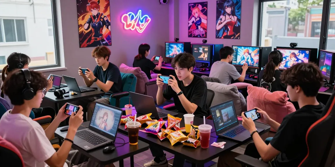 Group enjoying a lively session playing hentai games in a modern gaming lounge.