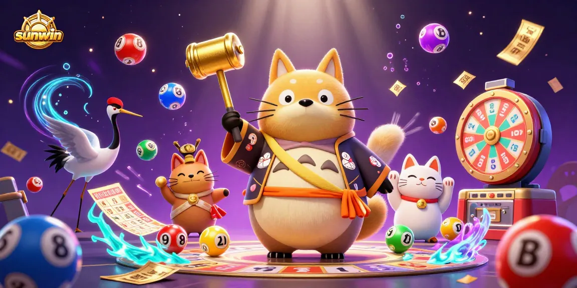 Win big with sunwin in this colorful 3D illustration featuring lucky characters and vibrant casino elements.