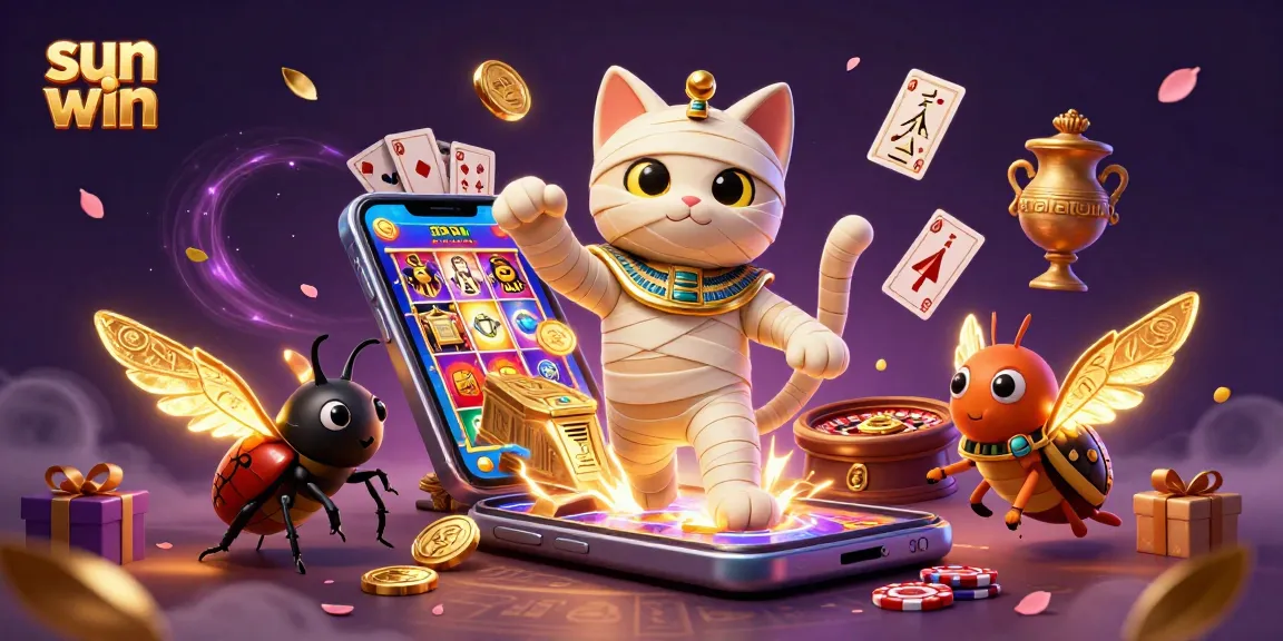 Experience thrilling gameplay at sun win with a cartoon mummy cat emerging from a jackpot sarcophagus.
