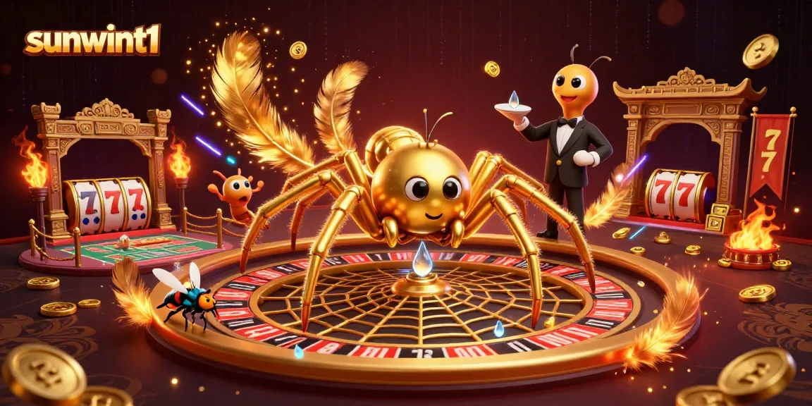 Experience thrilling bets at sunwint1 with a golden spider and centipede croupier in vibrant casino illustration.